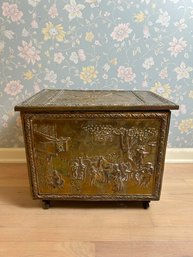 Antique Brass Embossed Coal Box With Wheels - Ann Hathaways Cottage