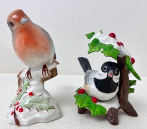 2 Holiday Themed Porcelain Birds, Robin Raybur Pottery, Chickadee Is Gorham.