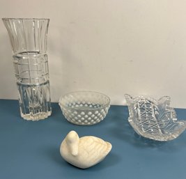 Cut Glass Vase, Candy Dish, Hobnail Bowl And A Possibly Marble Swan. Local Pick Only
