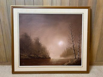 Sepia Tone River Landscape Painting - Signed