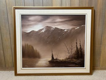 Sepia Tone Mountain Landscape Painting - Signed