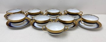 Set Of 8 Limoges Gold Trim Consommes With Matching Saucers And 1 Extra Cup.