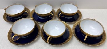 Set Of 6 Limoges Gold Trim Double Handled Coffee Cups And Saucers.