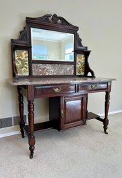 Antique Mahogany Wash Stand With Marble Top And Tile Accents