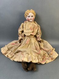 Antique 22 Inch Molded Hair Doll Old Body And Dress.