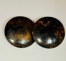 Large Vintage Brown & Gold Flecked Round Pierced Earrings