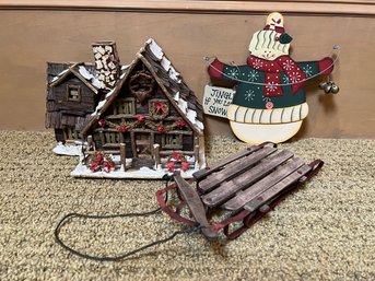 Holiday Rustic Decor - Wood House, Sled And Metal Snowman