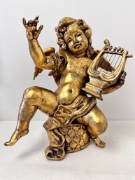 Gold Gilded Cherub With Harp. Local Pick Up Only