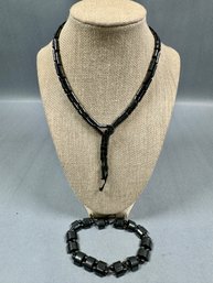 Gray Metal Bead Necklace And Bracelet