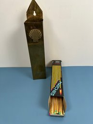 Vintage Brass Look Long Matchstick Holder With Long Matches.