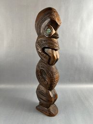 Vintage Wood Carved Tiki With Abalone Eyes