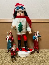 Group Of Holiday Skier Ornaments & Snowboarding Nutcracker