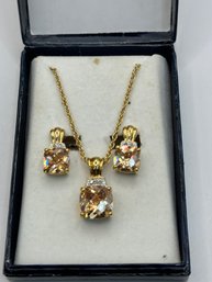 2 Tone Plated Champagne CZ Set - Necklace And Clip On Earrings