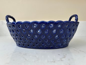 Cobalt Blue Glazed Pierced Pottery Basket - Portugal