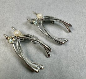 2 Silver Tone Pins With Pearl And Stone