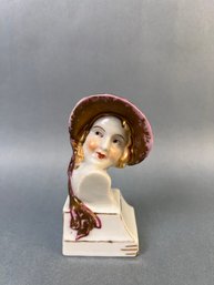 Vintage Woman Wearing A Hat Porcelain Vase.