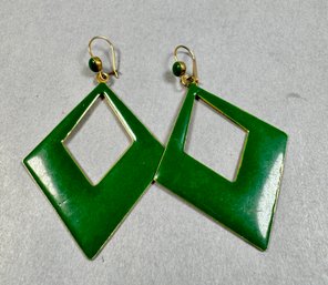 Green Enamel On Gold Tone Pierced Earrings