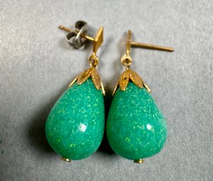 Greenish Stone On Gold Tone Pierced Earrings