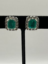 Silver Tone Clip On Earrings With Aqua Colored Stones