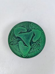 Cast Iron Asian Seal Box Decorated With Herons Contains Red Stamp Pad.
