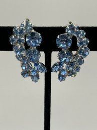 Silver Tone Clip On Earrings With Light Blue Stones