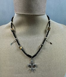 Black Beaded Necklace With Fleur-De-Lis Charm