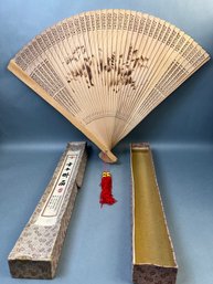Vintage Asian Wood Carved Fan In Original Box.
