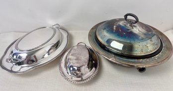 A Silver Plate Serving Dish, Covered Bowl With Bakeproof Glass Liner And A Butter Dish.