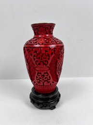 Carved Asian Vase With Wood Stand, Possibly Clay.