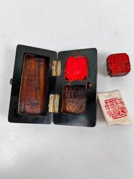Vintage Carved Bamboo Seal Hinged Seal Box With Stamp Pad And Stamp.