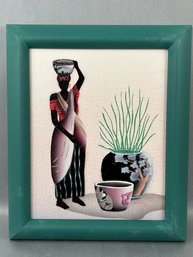 African Woman Holding Pot Oil On Canvas Framed With COA