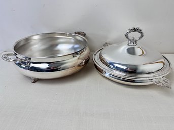 2 Silver Plate Serving Dishes. Short 1 Has Cover And Glass Pyrex Liner