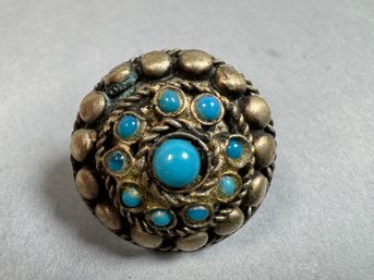 Silver Tone Adjustable Ring With Turquoise Color Stones