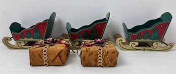 3 Sees Candies Wood Christmas Sleighs, 2 Decorative Christmas Presents.