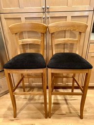 Pair Of Pottery Barn Wood Bar Chairs With Black Upholstered Seat