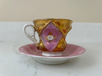 German Iridescent & Gold Painted Teacup & Saucer