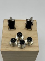 Silver Tone Cuff Links With Black Stones And Matching Buttons
