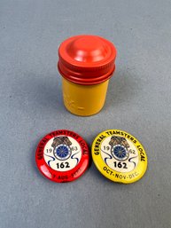 Vintage Kodak Film Container And 1962 And 63 Teamster Pins.