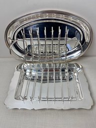 2 Silver Plate Meat Serving Platters With Drain Racks.