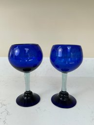 Pair Of Handblown Cobalt Blue Goblets
