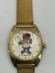 Gold Tone Mesh Wristwatch - Nebraska Logo With Go Big Red