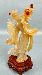 AGATE KWAN YIN ANTIQUE STATUE FLOWERS CARVING CARNELIAN CHINESE