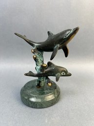 Bronze On Marble Base 2 Dolphins.