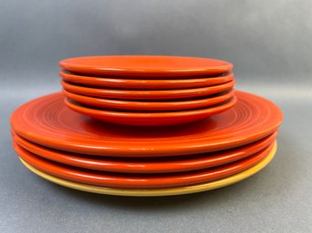 1 Fiesta Ware Dinner Plate, 3 Possible Fiesta Dinner Plates & 5 Saucers.
