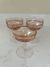 Set Of 3 Vintage Gold Rimmed Rose Rose Champagne Glasses