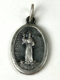 Vintage Catholic St Benedict Silver Tone Pendant
