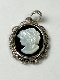 Vintage Onyx Mop Sterling Cameo Pendant