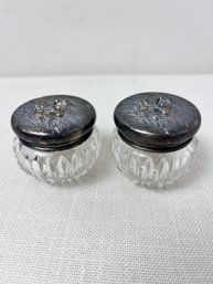 2 Crystal With Sterling Silver Cover Trinket Jars.