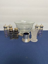 3 Sets Of Salt & Pepper Shakers & A Glass Bowl With Silver Trim On Foot