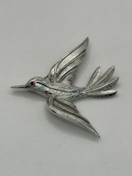 Trifari Pin -silver Tone Bird With Red Stone Eyes